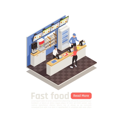 Fast food restaurant isometric composition with service staff in uniform at cash register and woman ordering eating vector illustration