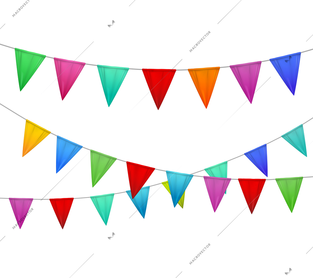 Decorative colorful party slingers pennants red blue yellow orange pink against white background realistic image vector illustration