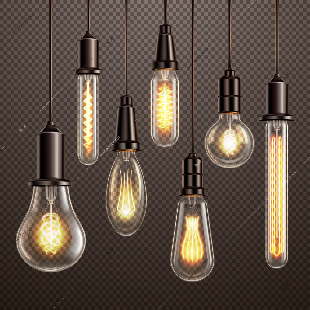 Fashionable retro vintage style soft amber hue glowing filament edison ligt bulbs dark transparent background vector illustration