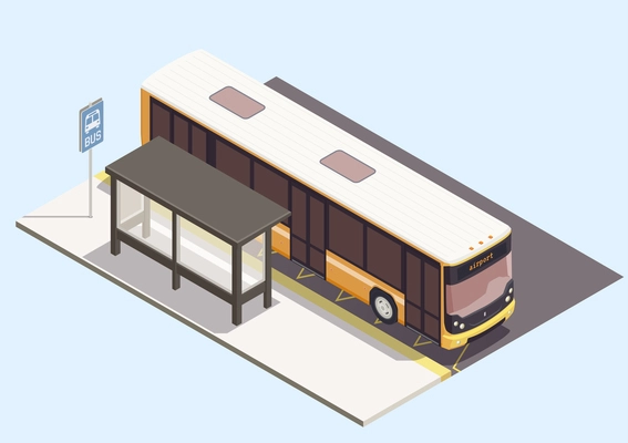 Transport composition with bus near stop on blue background 3d vector illustration