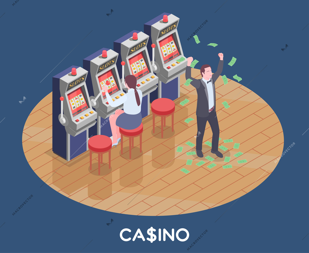 Isometric composition with woman playing slot machine game and man won money in casino 3d vector illustration