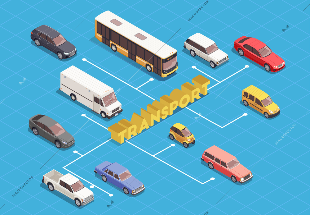 Transport isometric flowchart with various vehicles on blue background 3d vector illustration