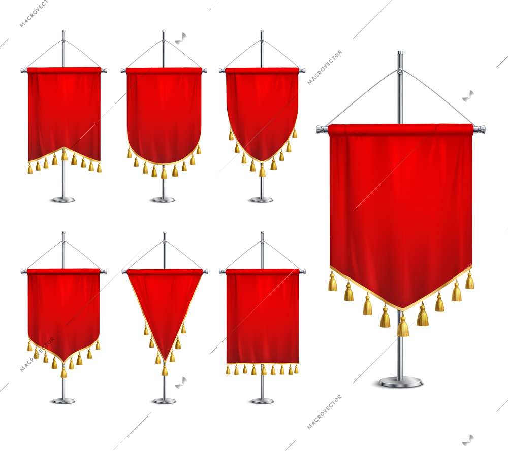 Satin red various shapes pennants with golden tassel fringe on steel spire pedestal realistic set vector illustration