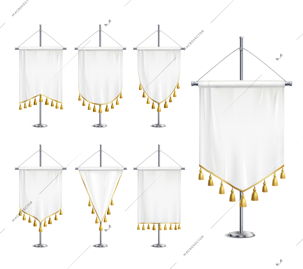 Blank white various shapes pennants with golden tassel fringe on steel spire pedestal realistic set vector illustration