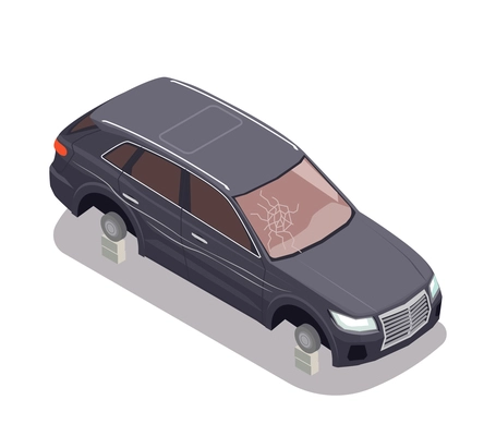 Transport composition with black car without tyres and with broken wind screen on white background 3d isometric vector illustration