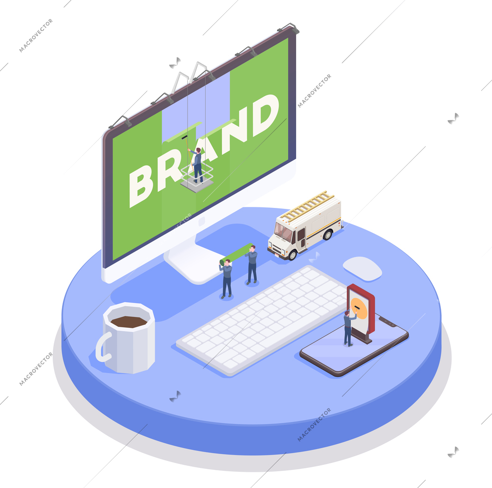 Isometric composition with travel agency employees computer and billboard 3d vector illustration