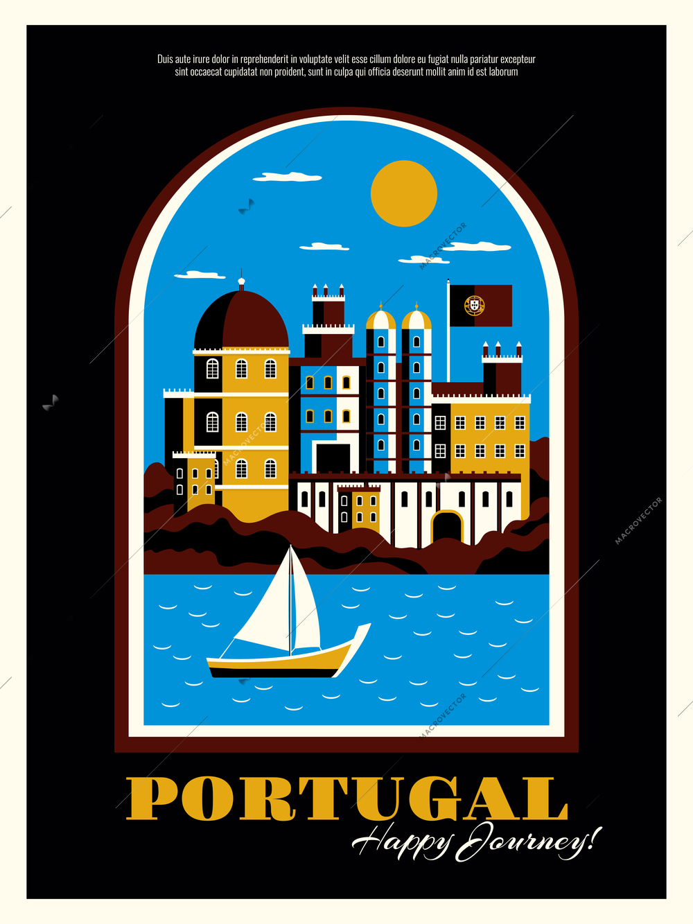 Portugal tourism poster with buildings ocean and boat symbols flat vector illustration