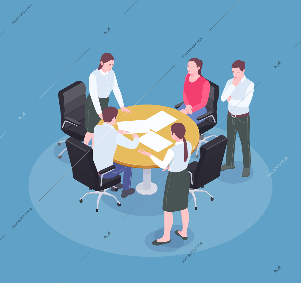 People brainstorming at meeting in advertising agency office isometric composition 3d vector illustration