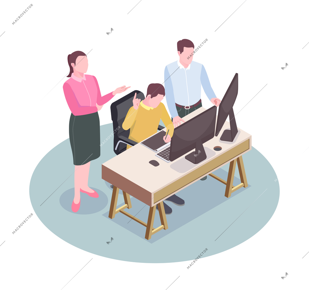 Advertising agency employees at their workplace isometric composition 3d vector illustration