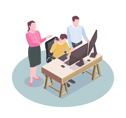 Advertising agency employees at their workplace isometric composition 3d vector illustration