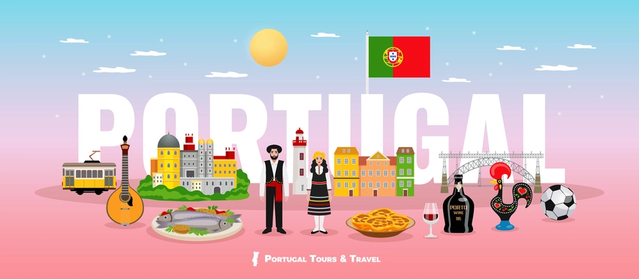 Portugal tourism concept with cuisine people and sights symbols flat vector illustration