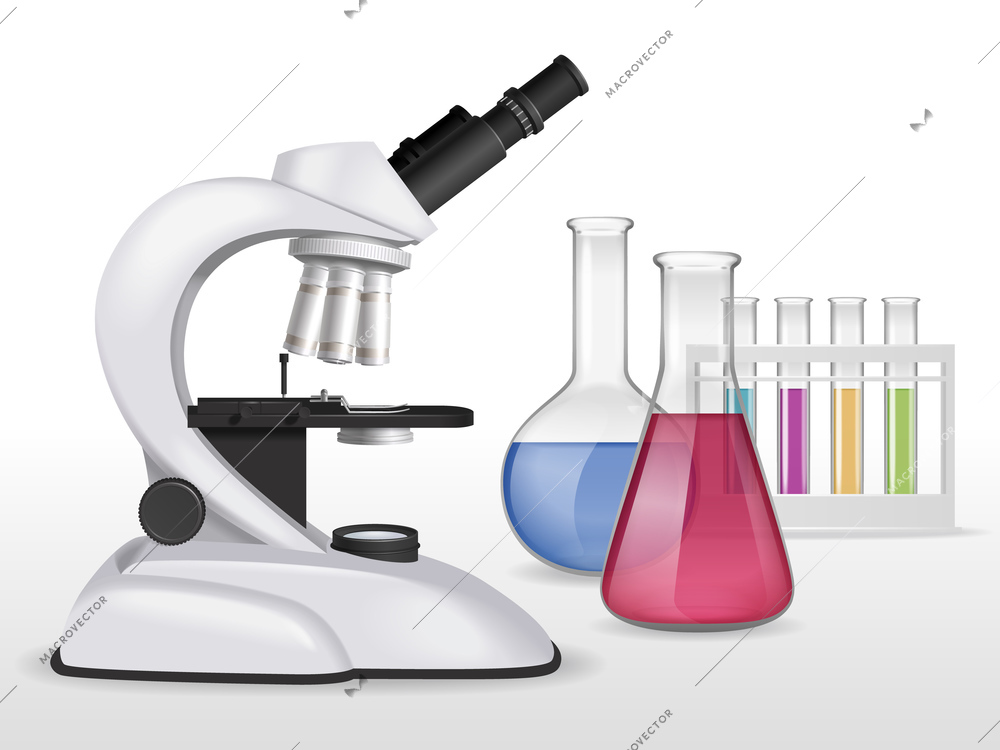 Realistic microscope composition with image of laboratory gear with glass test tubes filled with colourful liquids vector illustration