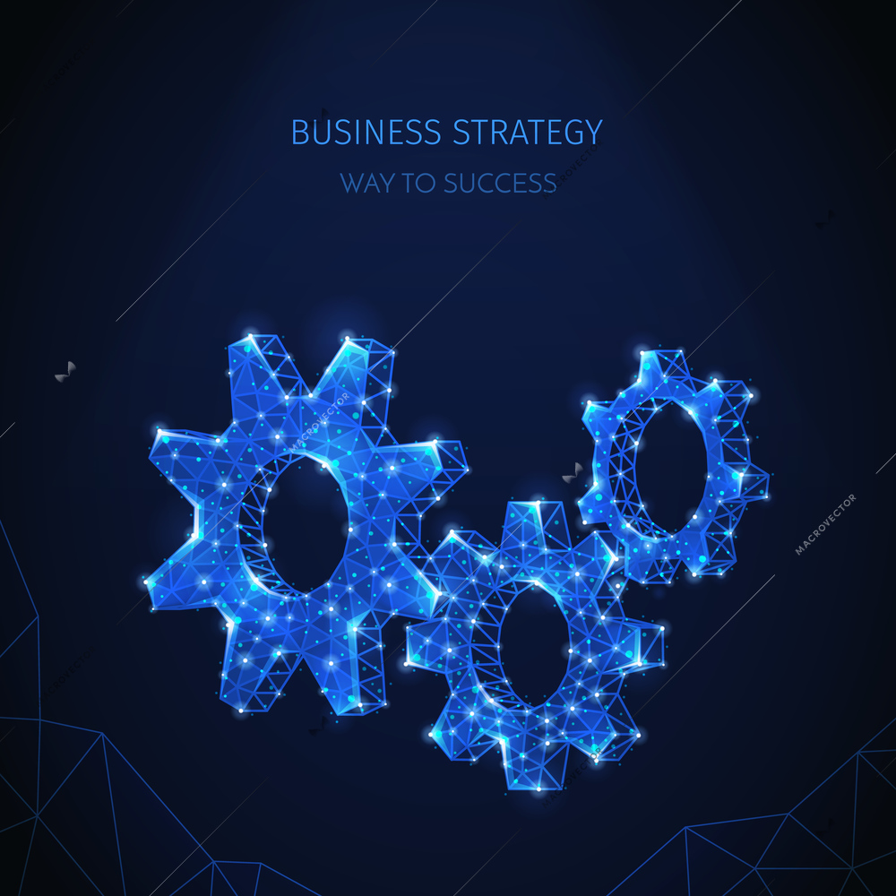 Polygonal wireframe business strategy composition with shimmering images of gear icons with shining particles and text vector illustration