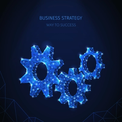 Polygonal wireframe business strategy composition with shimmering images of gear icons with shining particles and text vector illustration