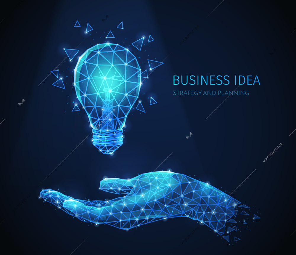 Polygonal wireframe business strategy composition with glittering images of human hand and incandescent lamp with text vector illustration
