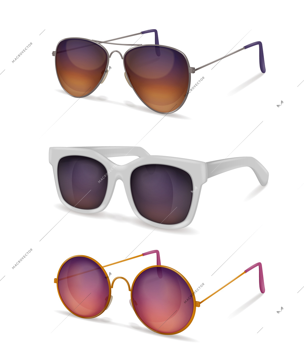 Sunglasses realistic set with different models of sun goggles with metal and plastic frames with shadows vector illustration