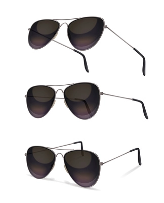 Sunglasses set with realistic images of aviator sunglasses from various angles with shadows on blank background vector illustration