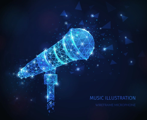 Music media polygonal wireframe composition with text and glittering image of professional vocal microphone on stand vector illustration