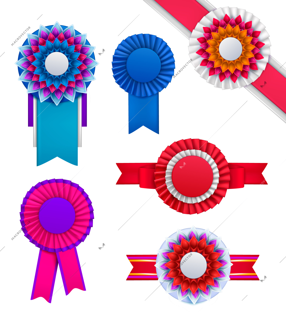 Set of isolated badges rosettes award realistic round order images of different colour on blank background vector illustraion