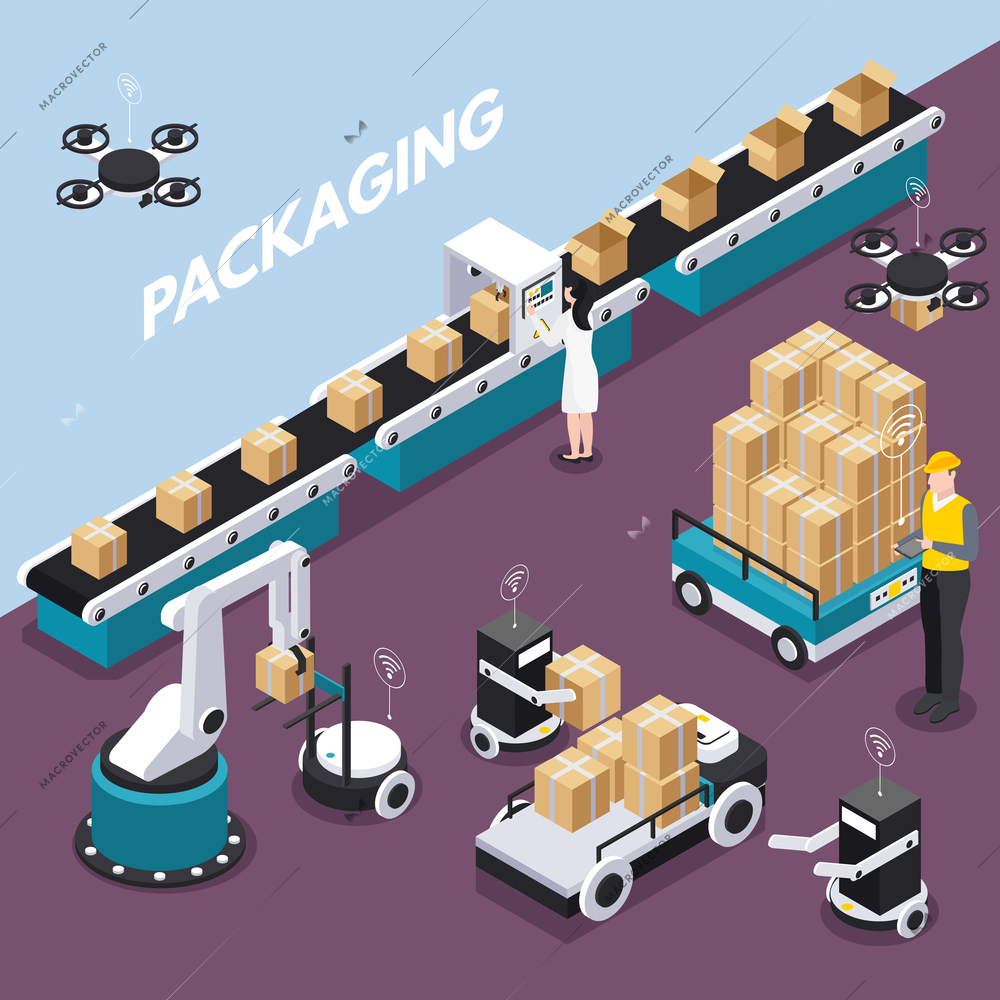 Isometric and colored smart industry concept with packaging step at the factory vector illustration