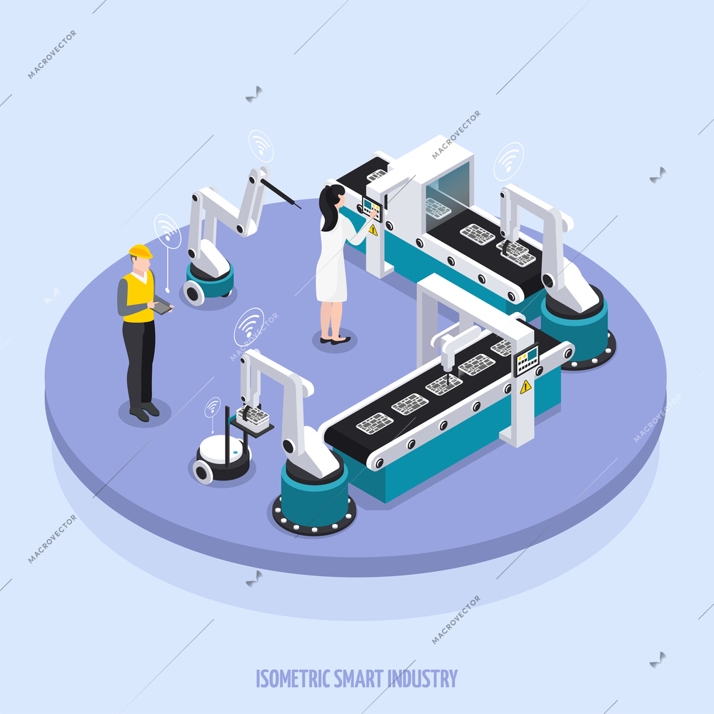 Isometric smart industry background round platform with two workers supervise the equipment vector illustration