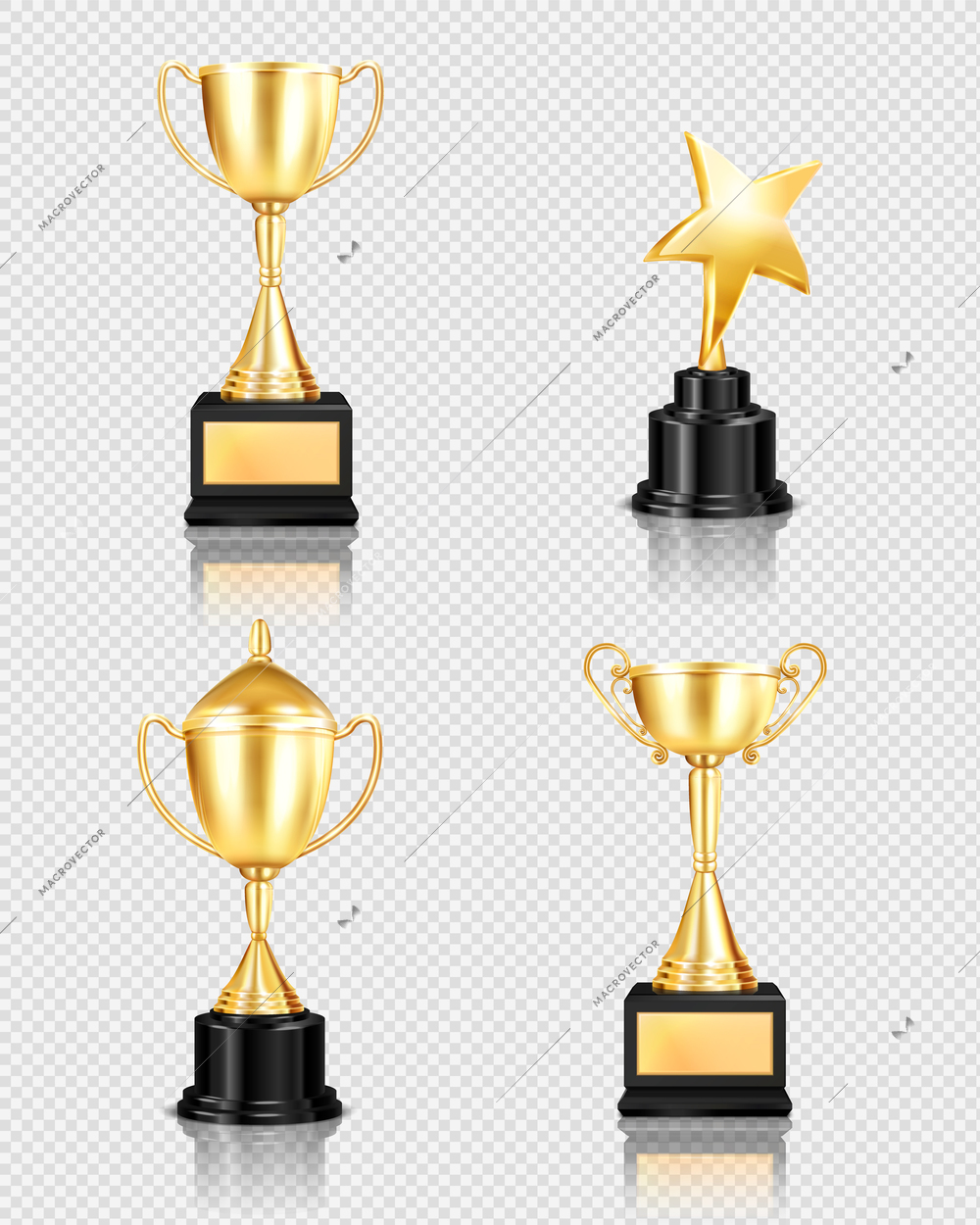 Trophy award realistic set on transparent background with isolated images of golden cups of different shape vector illustration