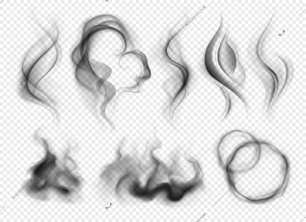 Set of realistic grey smoke and steam from coffee tea cigarettes or hot food isolated on transparent background vector illustration