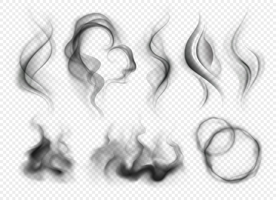 Set of realistic grey smoke and steam from coffee tea cigarettes or hot food isolated on transparent background vector illustration