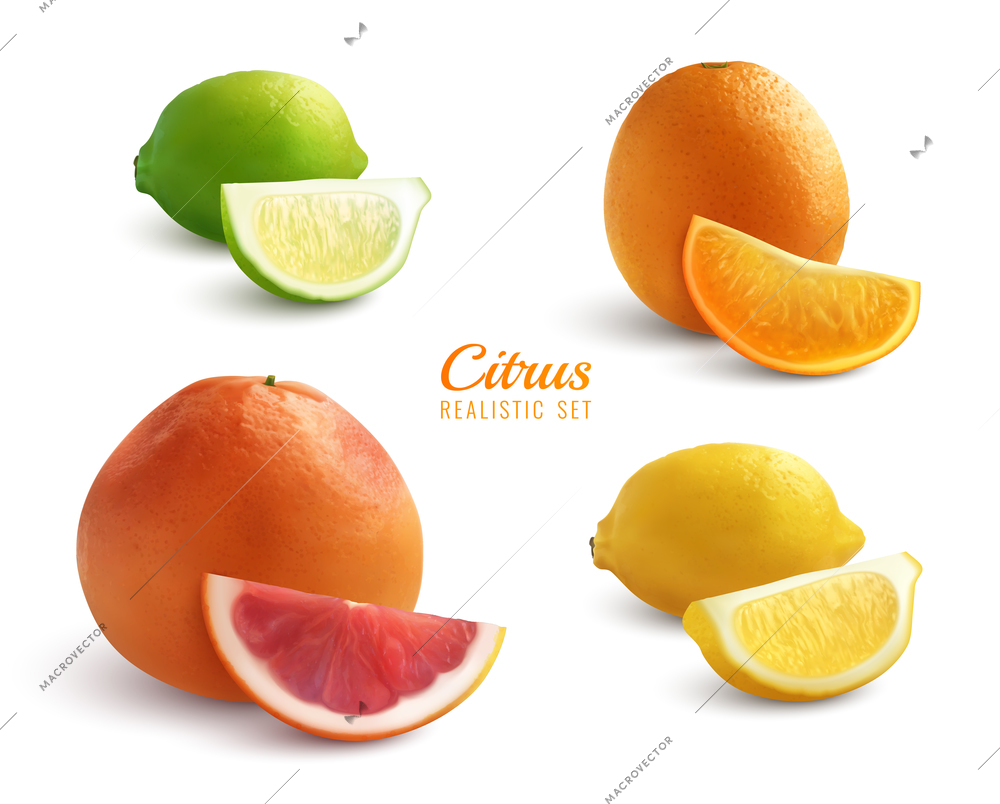 Citrus realistic set of lyme orange lemon  grapefruit whole fruits and slices isolated vector illustration