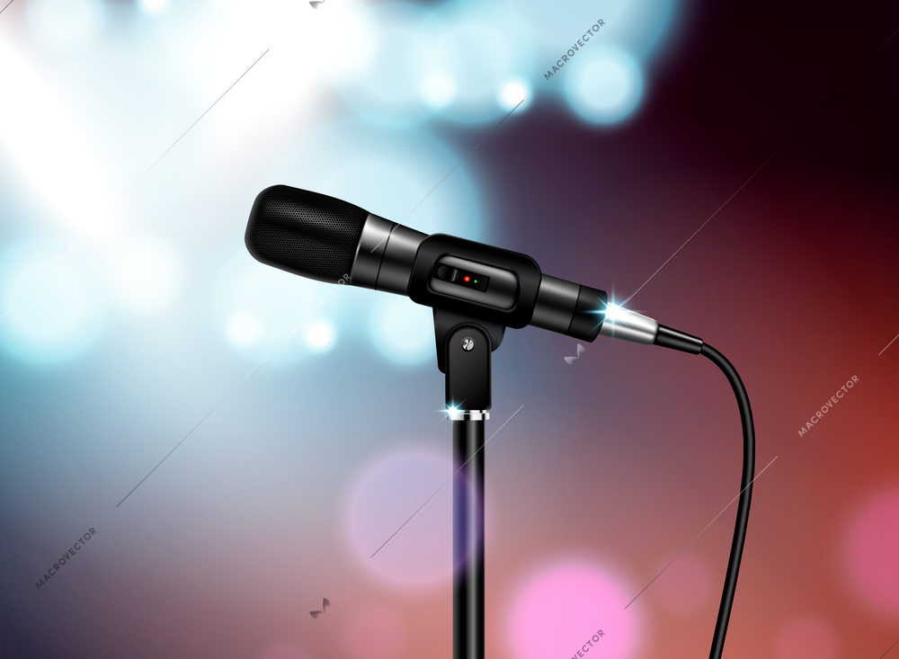 Professional microphone concert realistic composition with vocal mic image mounted on stand with colourful blurred background vector illustration