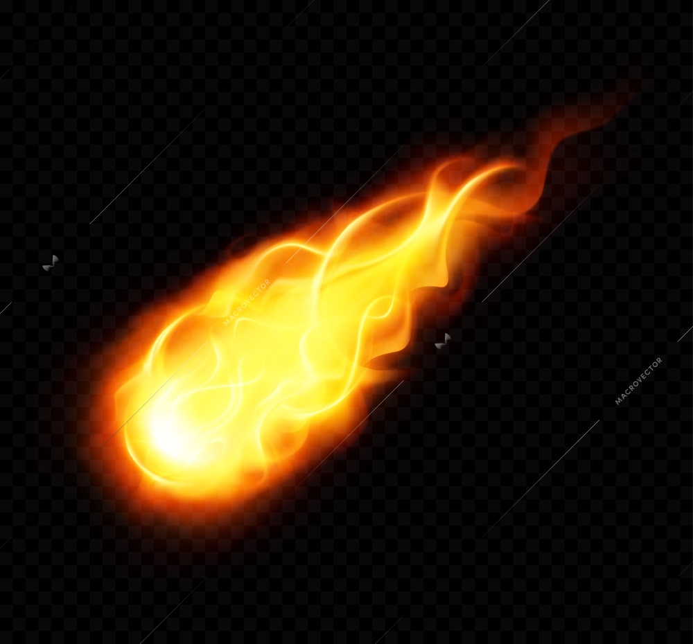 Fireball realistic poster with burning yellow flying astronomical object on black background vector illustration