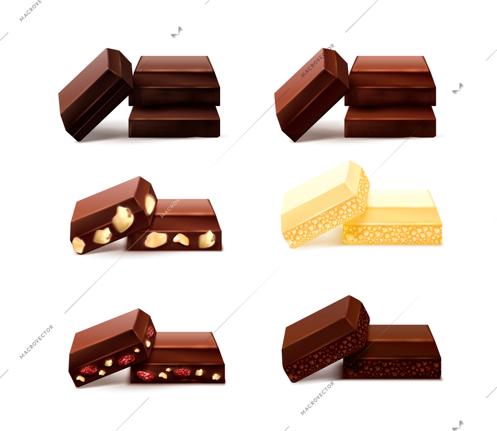 Chocolate pieces realistic set with isolated images of choc bits of different taste on blank background vector illustration