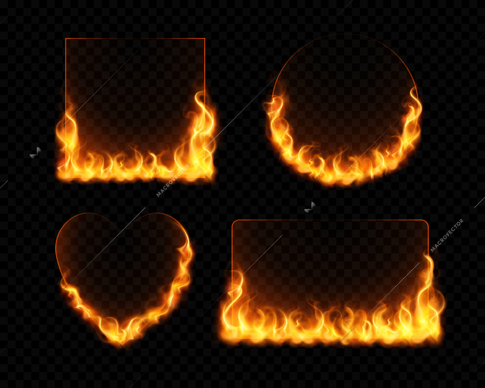 Fire flame frames realistic set of burning geometrical figures on dark transparent background isolated vector illustration