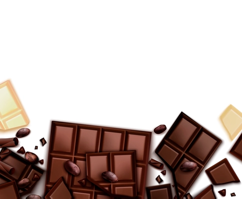 Chocolate realistic background with frame of images with choc bars and blank background with empty space vector illustration