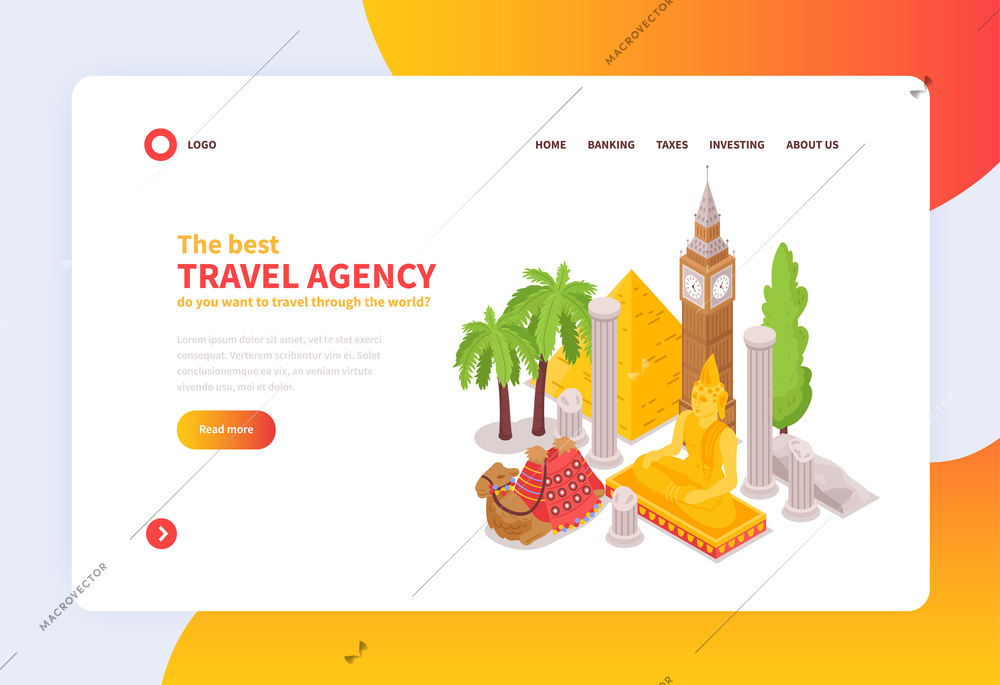 Online international travel agency concept home page isometric design with famous world landmarks attractions sightseeing  vector illustration