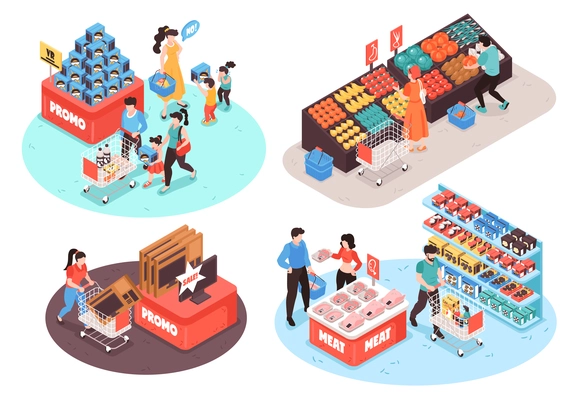 Supermarket 4 isometric compositions concept with fruits vegetables meat poultry grocery promo sections customers isolated vector illustration