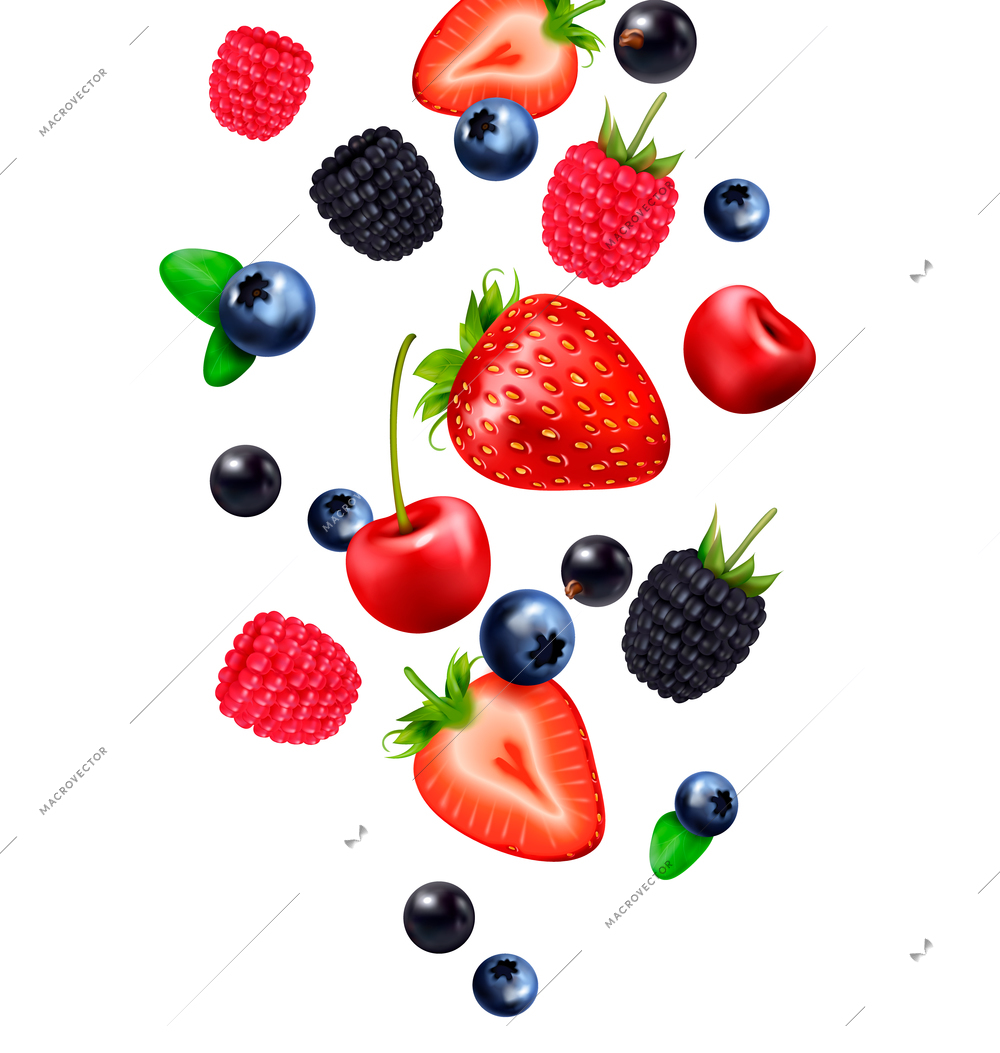 Falling berry fruit realistic composition with images of falling berries and strawberry slices on blank background vector illustration