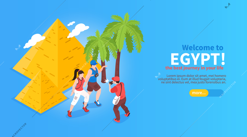 Welcome to egypt online journey planning booking isometric website horizontal banner with pyramids palms travelers vector illustration