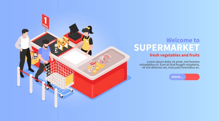 Supermarket website horizontal isometric design with online vegetables fruits grocery offer basket customers payment symbols vector illustration