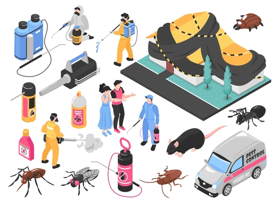Pest control service team removing bugs exterminating rats tools equipment products clients auto isometric set vector illustration