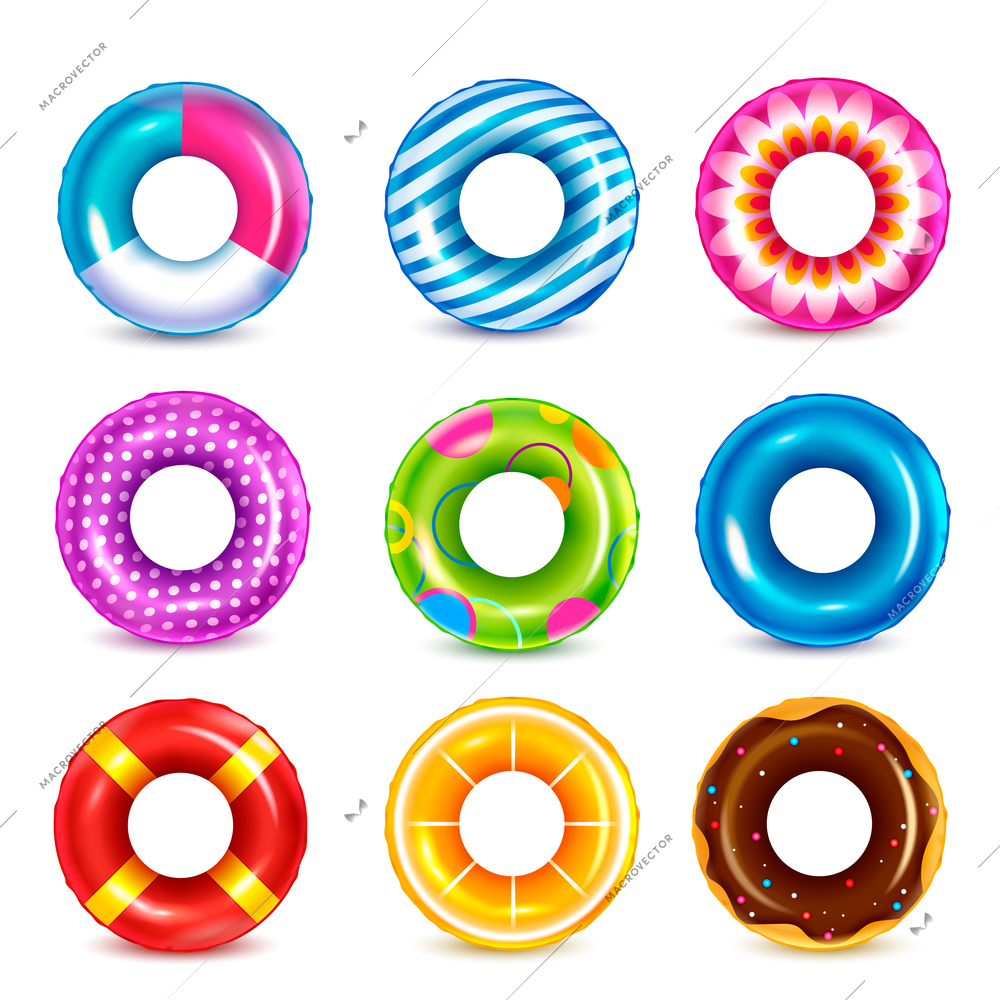 Set of isolated color inflatable rubber swimming rings realistic images with colourful pattern on blank background vector illustration