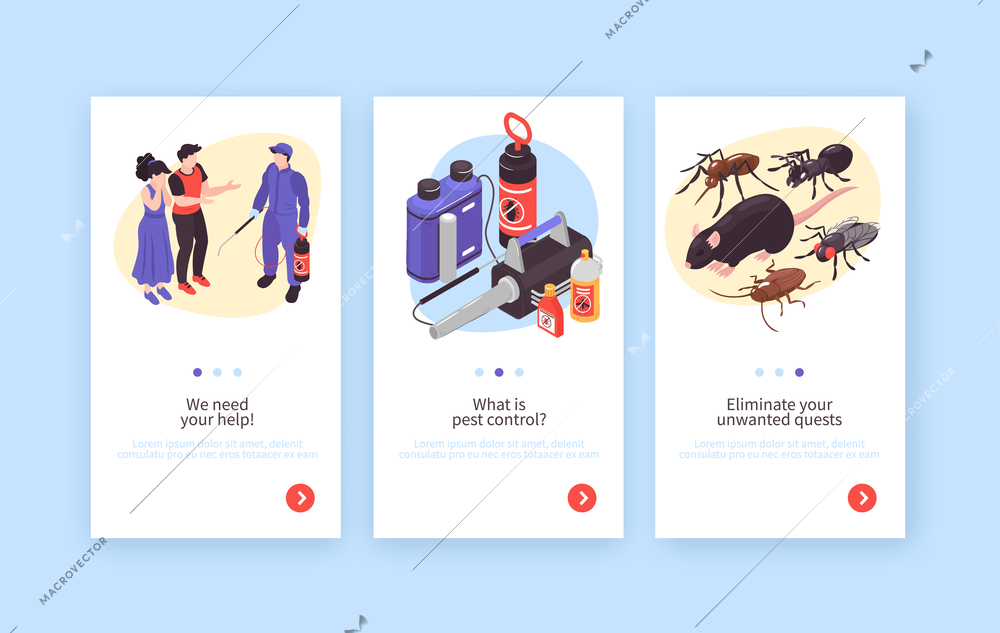 Pest control hygiene disinfection service isometric vertical banners set with rats insects specialists clients equipment vector illustration