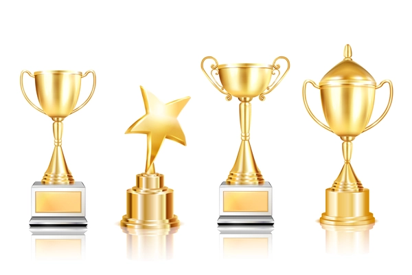 Set of four trophy award realistic images with cups on pedestals with reflections on blank background vector illustration