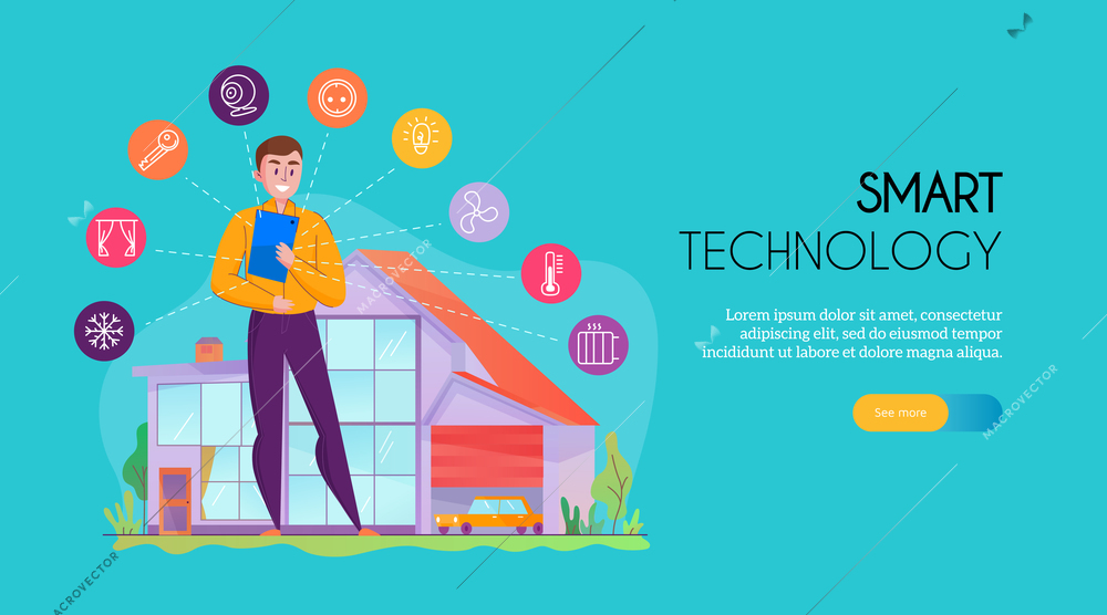 Man standing near building equipped with smart home system colorful horizontal banner flat vector illustration