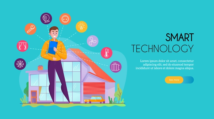 Man standing near building equipped with smart home system colorful horizontal banner flat vector illustration