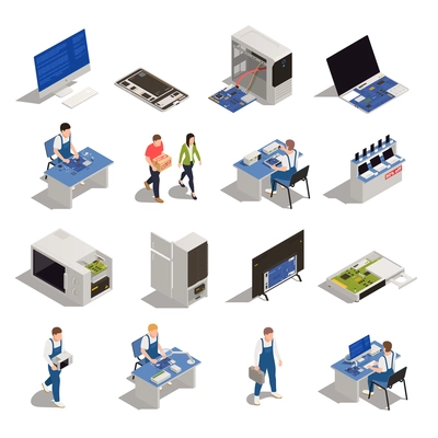 Warranty service isometric icons set of electronics and household appliances need of diagnostics or repair isolated vector illustration