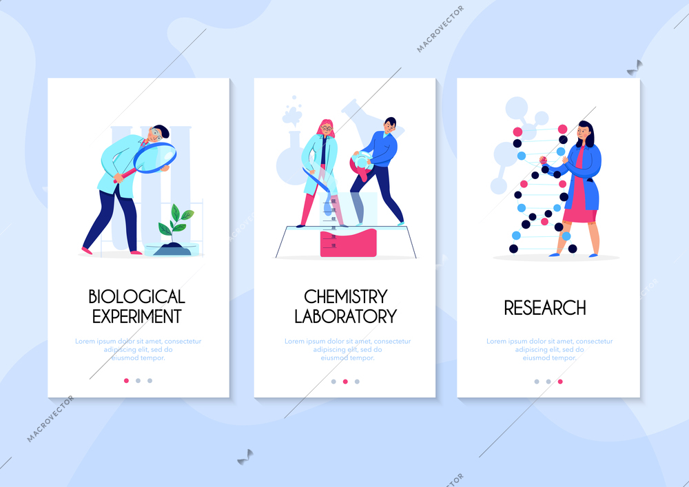 Three vertical banners set with people doing research and performing experiments in science laboratory flat isolated vector illustration