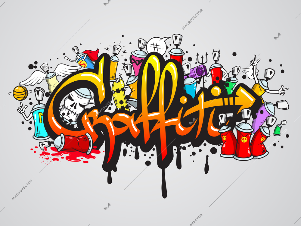 Decorative graffiti art spray paint letters and characters abstract wall artwork composition vector illustration