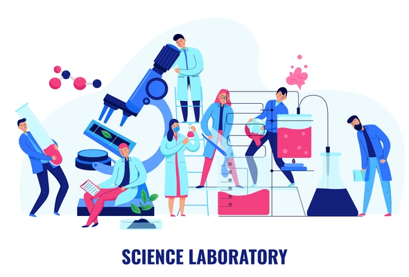 Scientists making biological and chemical experiments in science laboratory flat vector illustration