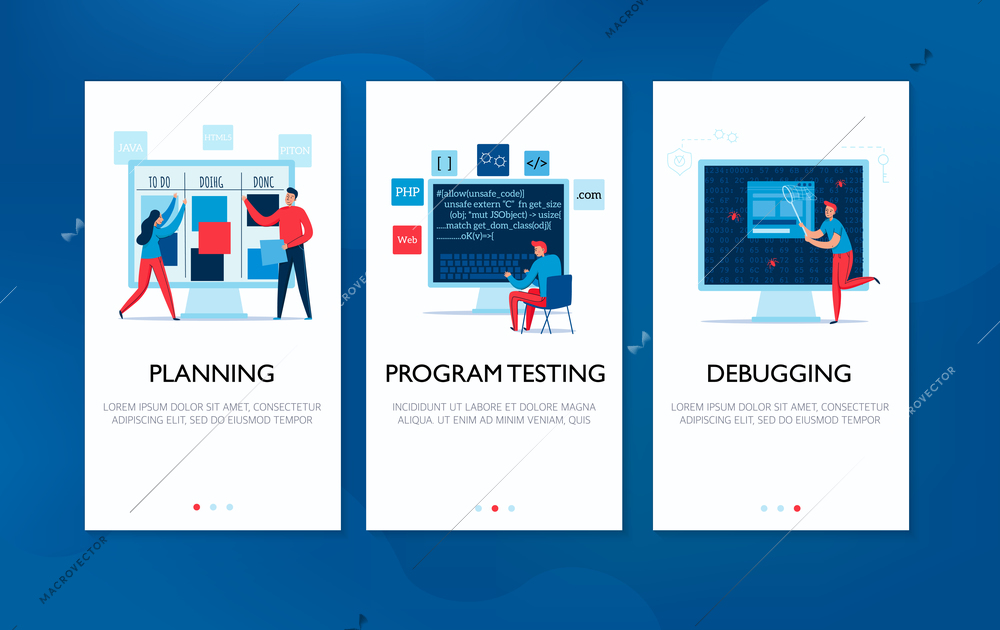 Vertical banners set with programmers planning work testing programs and debugging flat isolated vector illustration